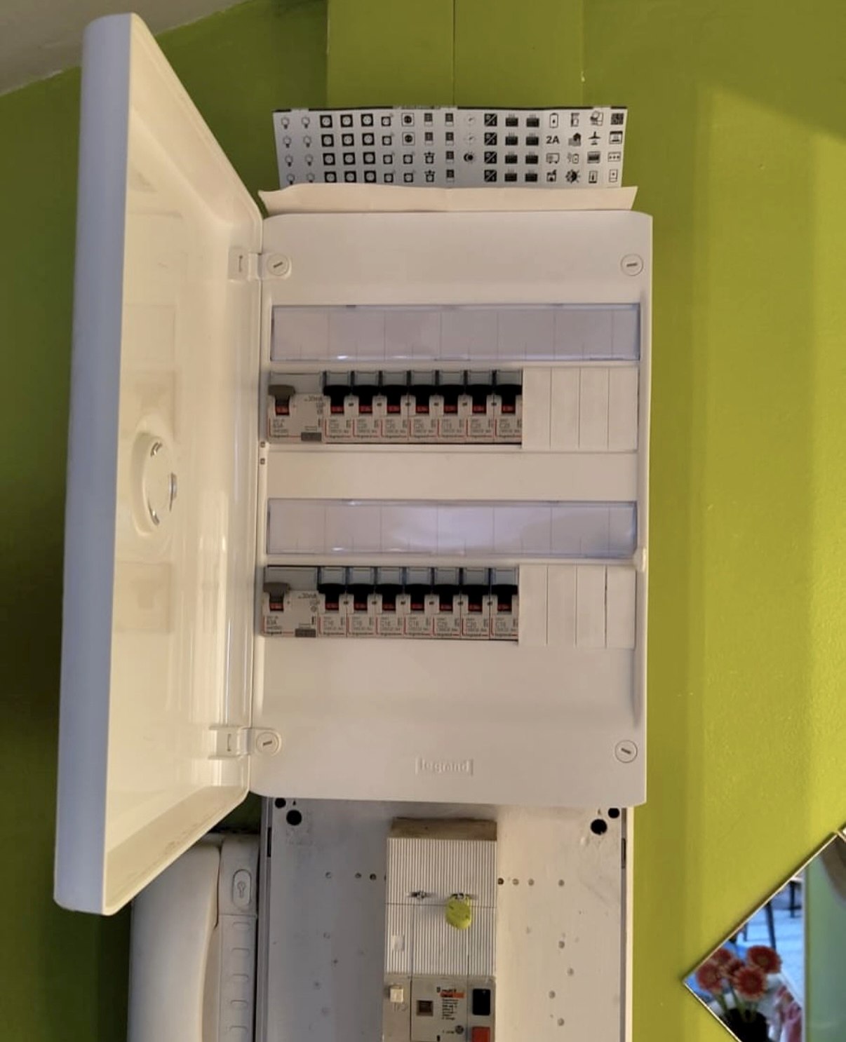 Tableau électrique Legrand deux rangées neuf, disjoncteurs posés et repérés