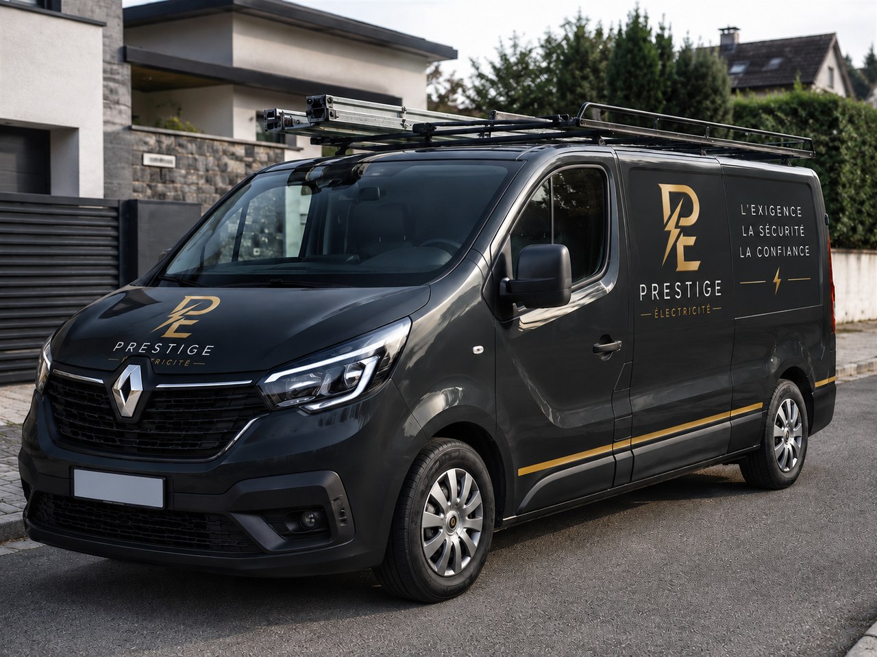 Le véhicule d'intervention floqué Prestige Électricité devant une maison
